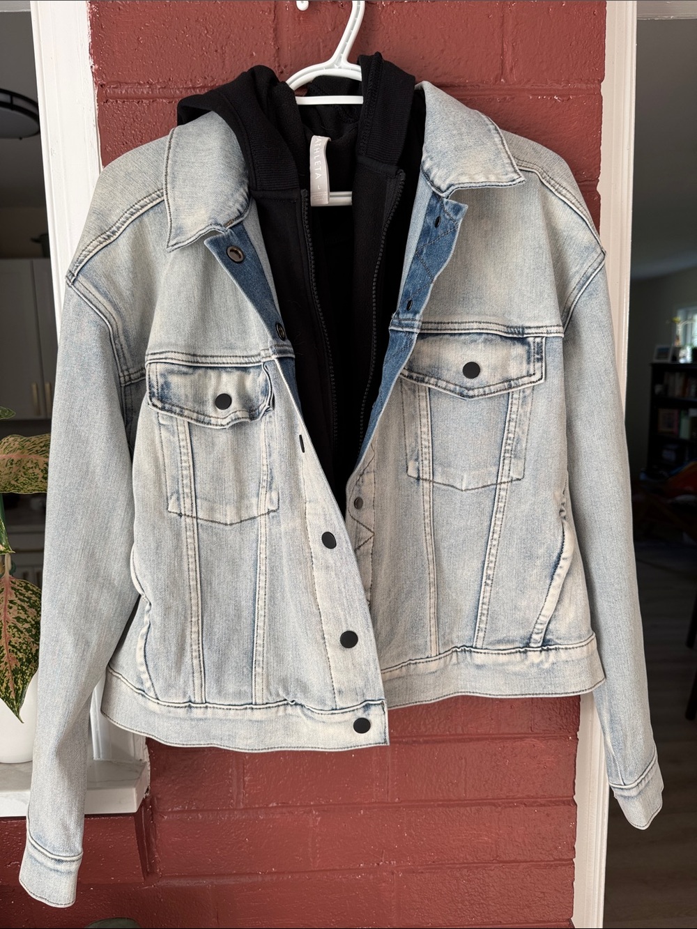 Athleta Double Time Light Wash Denim Jacket with Black Hooded Vest Insert L